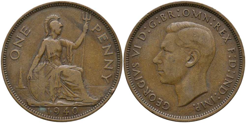 Великобритания 1 пенни 1940 Георг VI (1936-1952) КМ 845, Spink 4114 бронза 115-413