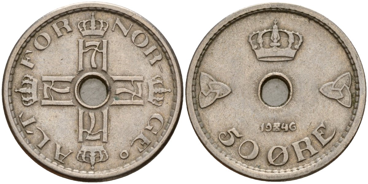 Норвегия 50 эре 1946 Хокон VII (1905-1957) KM 386 медно-никель 4187-915