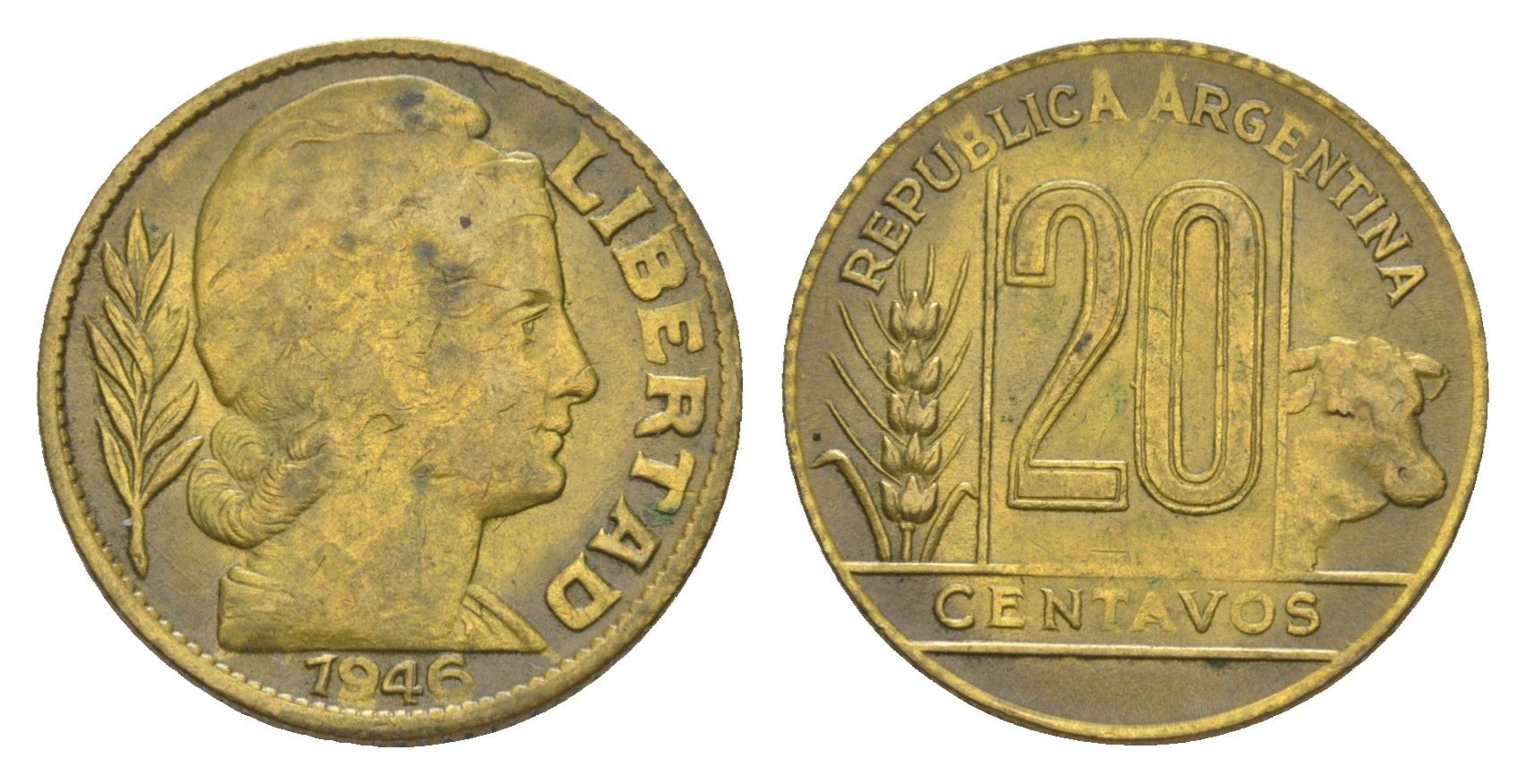 Аргентина 20 сентаво 1946 голова свободы вправо KM?42, CJ?200, Schon?45 алюминиевая бронза 4643-315