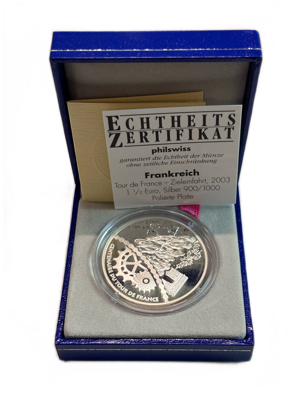 Франция 1 1/2 евро 2003 100 лет велогонкам Тур де Франс, велосипедисты и триумфальная арка KM 1322 серебро  PROOF  1-6-4-65