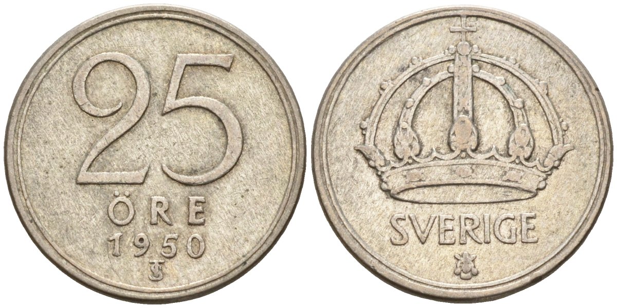 Швеция 25 эре 1950 TS, Густав V (1907-1950) KM 816 серебро 4147-1021