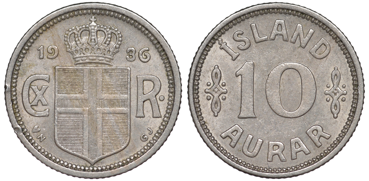 Исландия 10 эйре 1936 N-GJ, Кристиан X (1912-1944) KM 1.1 медно-никель 4596-848