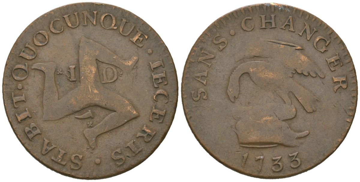 Остров Мэн 1 пенни 1733 подделка в ущерб обращению, Джеймс Стэнли, вес 6.22 гр, диаметр 26 мм KM 5 медь 95-1252