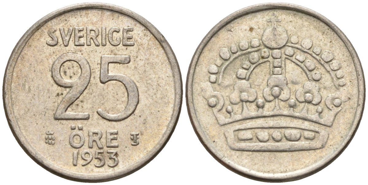 Швеция 25 эре 1953 TS, Густав VI Адольф (1950-1973) KM 824 серебро 4147-1031