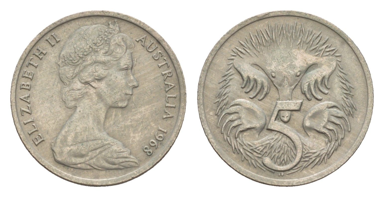 Австралия 5 центов 1968 Елизавета II (1952-2022) молодой портрет, ехидна KM 64 медно-никель 4655-1257