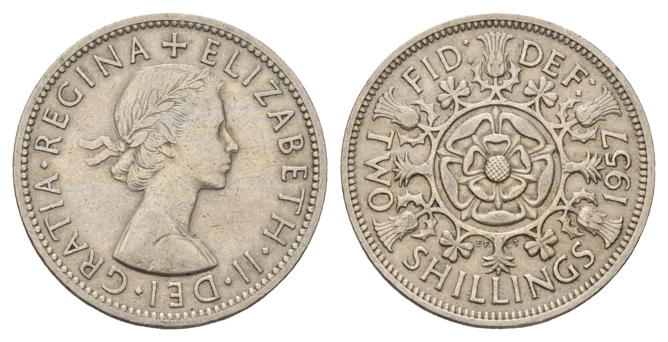 Великобритания 2 шиллинга (флорин) 1957 Елизавета II (1952-2022) KM 906, Spink 4146 медно-никель 4183-431