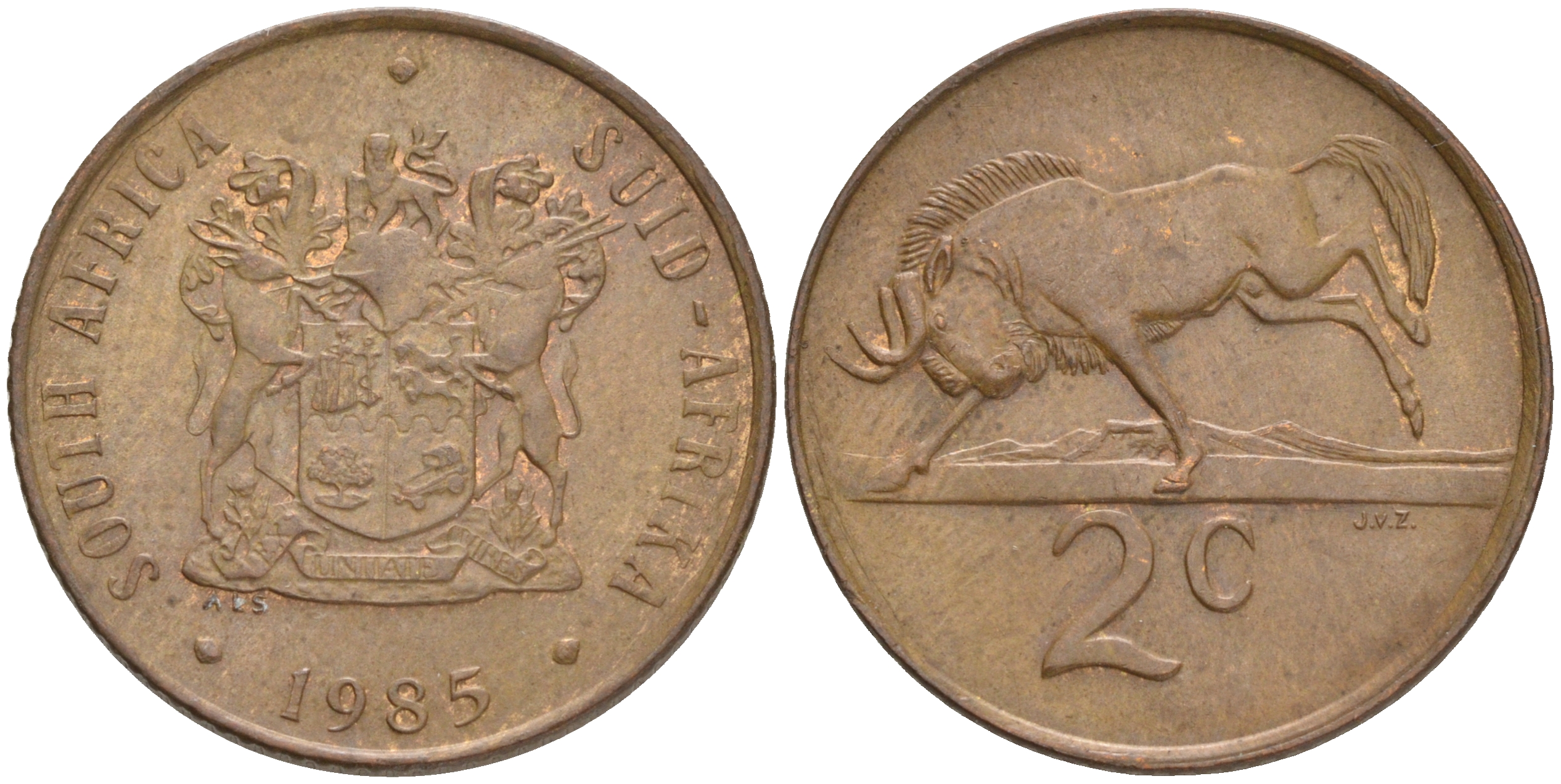 ЮАР 2 цента 1985 герб, антилопа гну KM 83 бронза 4561-727