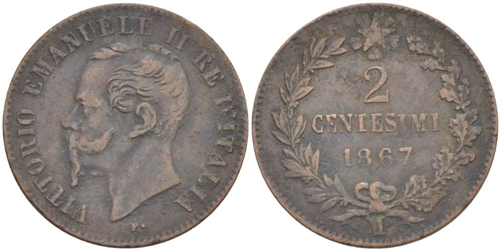 ИТАЛИЯ 2 ЧЕНТЕЗИМО 1867 М, МОНДВОР МИЛАН, ВИКТОР ЭММАНУИЛ II (1861-1878) KM 2.1 медь 4182-1224