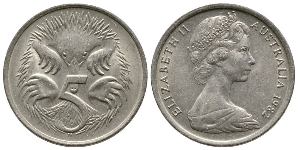 АВСТРАЛИЯ 5 ЦЕНТОВ 1982 ЕЛИЗАВЕТА II, МОЛОДОЙ ПОРТРЕТ, ЕХИДНА KM 64 медно-никель 84-441