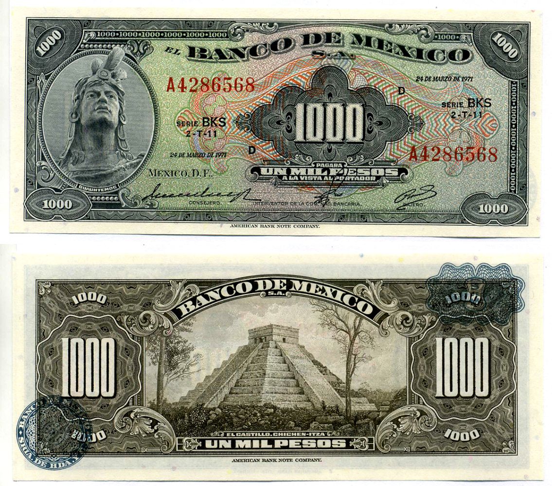 Мексика 1000 песо 1971 24 марта 1971, серия BKS Pick 52t бумага UNC (пресс) 000-000-00