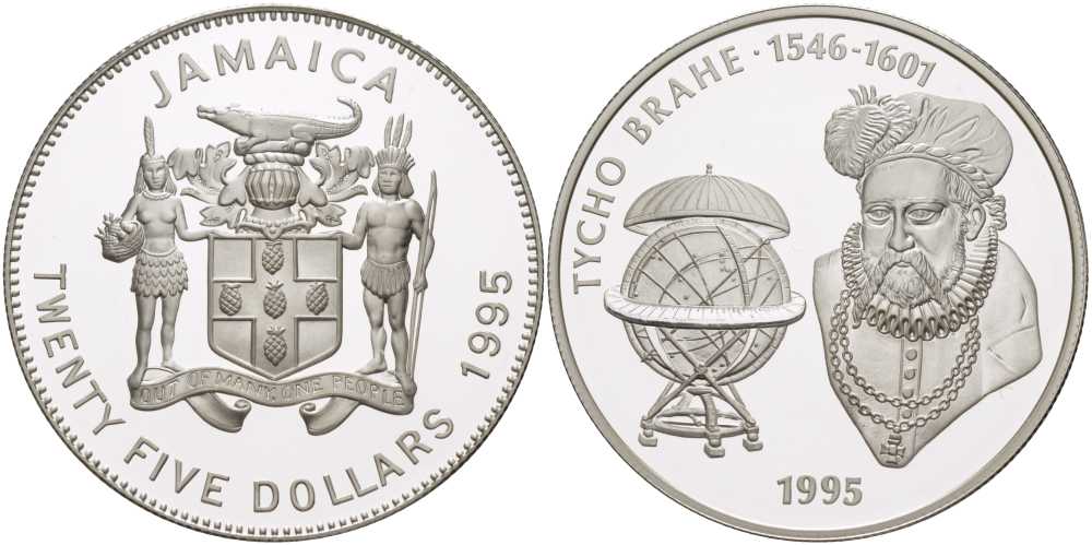 Ямайка 25 долларов 1995 Тихо Браге (1546-1601), датский ученый и астроном, глобус мира KM 170 серебро  PROOF  1080-8-53
