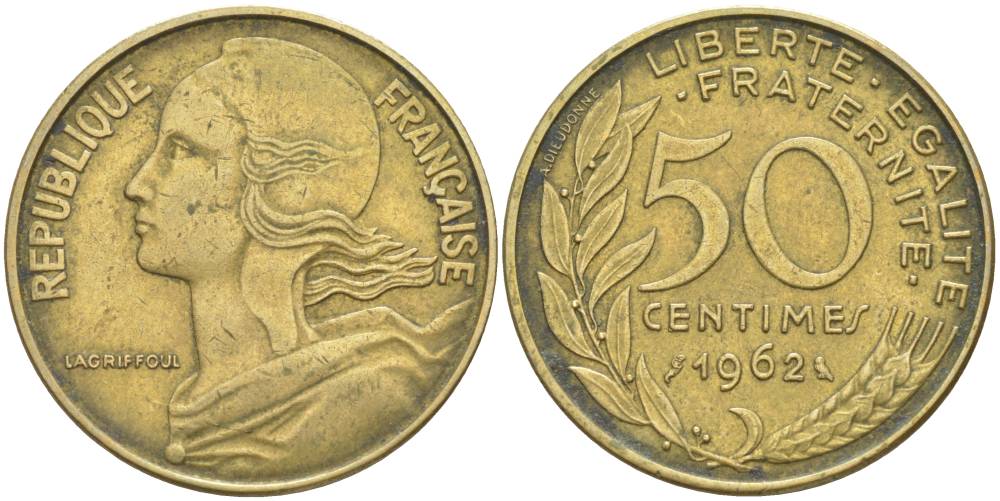 ФРАНЦИЯ 50 САНТИМОВ 1962 ТИП MARIANNE, 3 PLIS KM 939.1, LE FRANC 197.2 алюминиевая бронза 55-155