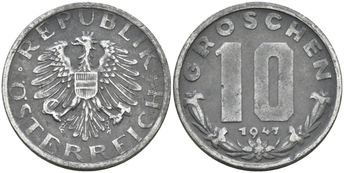 Австрия 10 грошей 1947 KM 2874 цинк 4591-1021