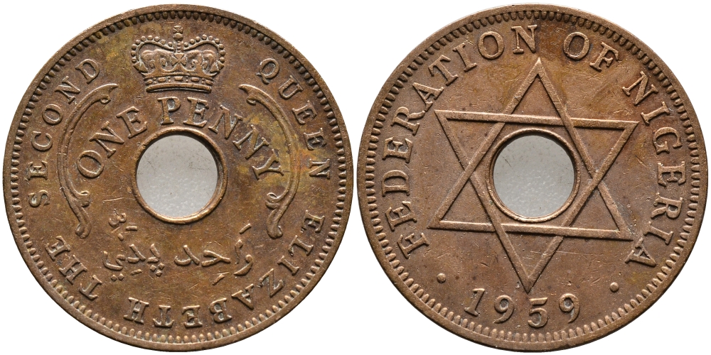 Нигерия 1 пенни 1959 Елизавета II (1952-), Британский протекторат KM 2 бронза 51-1723