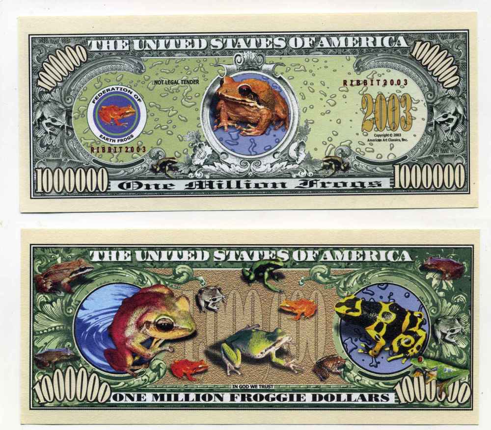 США 1000000 ДОЛЛАРОВ 2003 СУВЕНИРНАЯ БАНКНОТА, 1000000 МИЛЛИОН ЛЯГУШАЧЬИХ ДОЛЛАРОВ, ЛЯГУШКА бумага UNC (ПРЕСС) 8588-16-3-2