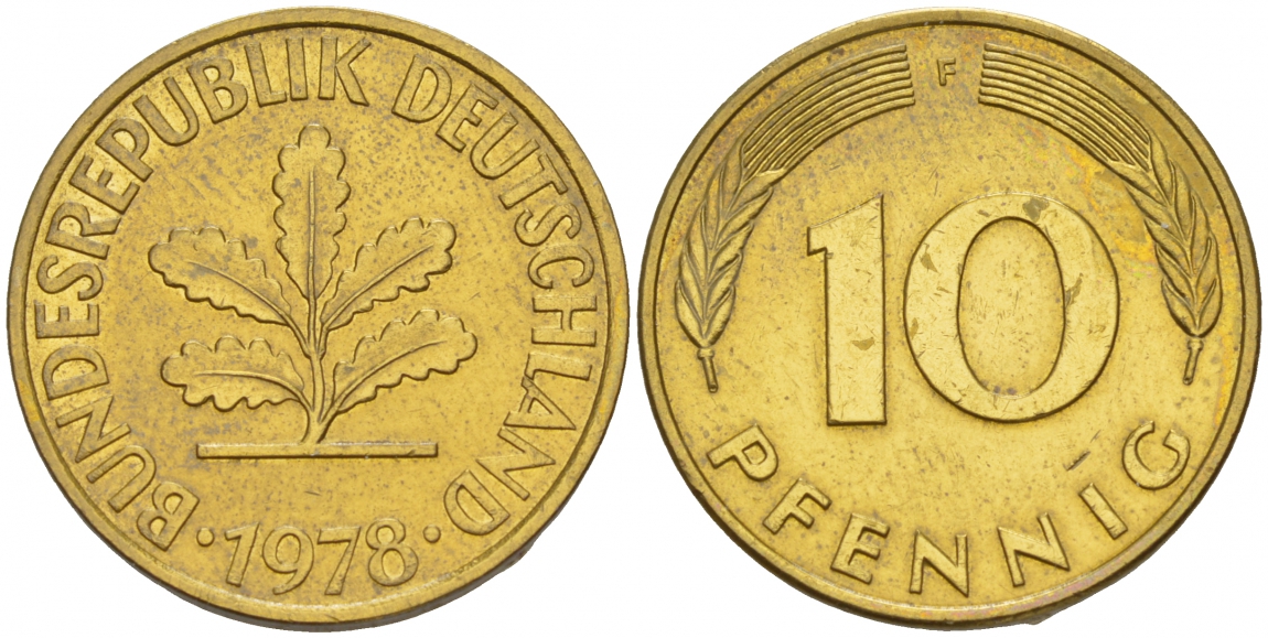 ФРГ 10 ПФЕННИГОВ 1978 F KM 108, J.383 сталь плакированная латунью 4544-1131