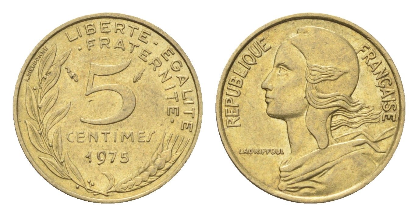 Франция 5 сантимов 1975 KM 933 алюминиевая бронза 4702-1234