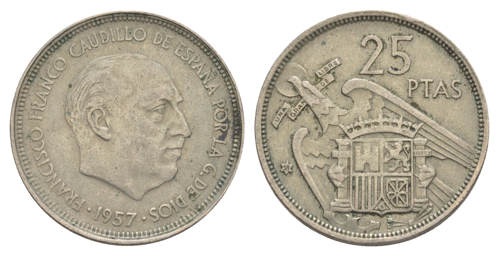 Испания 25 песет 1957 (58) Франсиско Франко (1939-1975) KM 787 медно-никель 4616-435