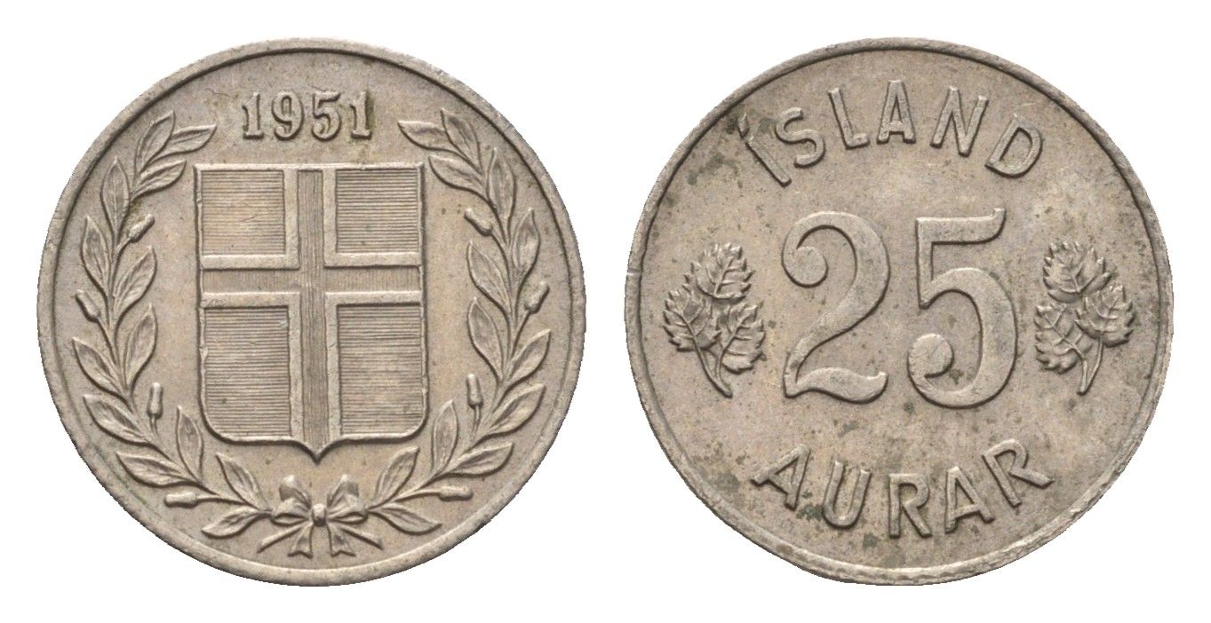 Исландия 25 эйре 1951 KM 11 медно-никель 4696-323
