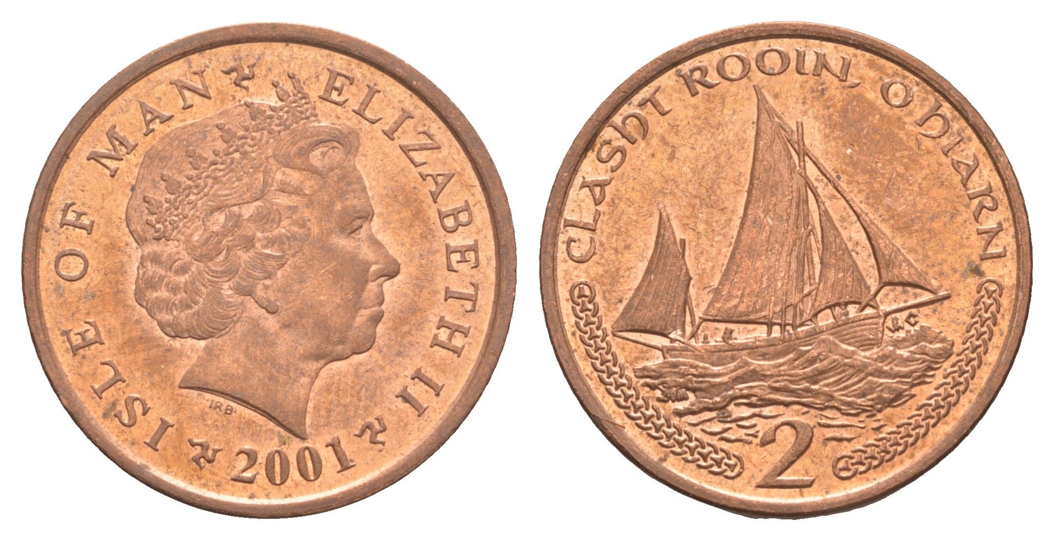 Остров Мэн 2 пенса 2001 Елизавета II (1952-2022) KM 1037 сталь плакированная медью 4652-736