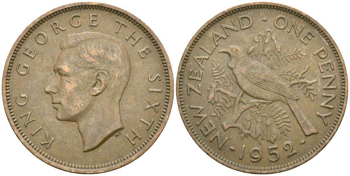 Новая Зеландия 1 пенни 1952 Георг VI (1936-1952), новозеландский туи KM 21 бронза 4542-932