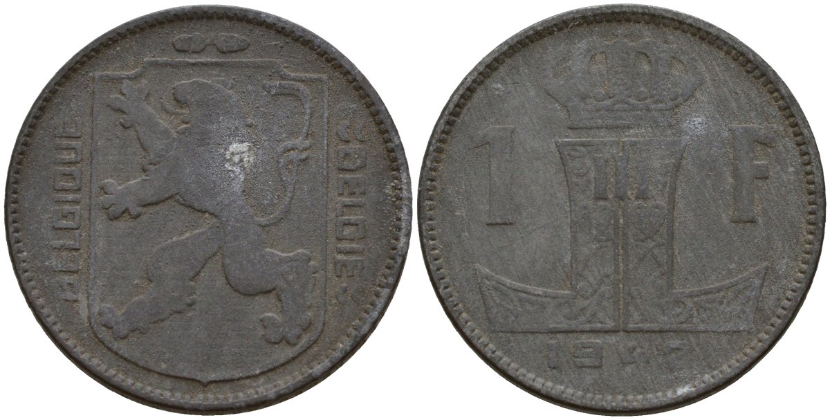 Бельгия 1 франк 1942 Belgique - Belgie, Леопольд III (1934-1947), германская оккупация, Вторая мировая война KM 127 цинк 4161-452