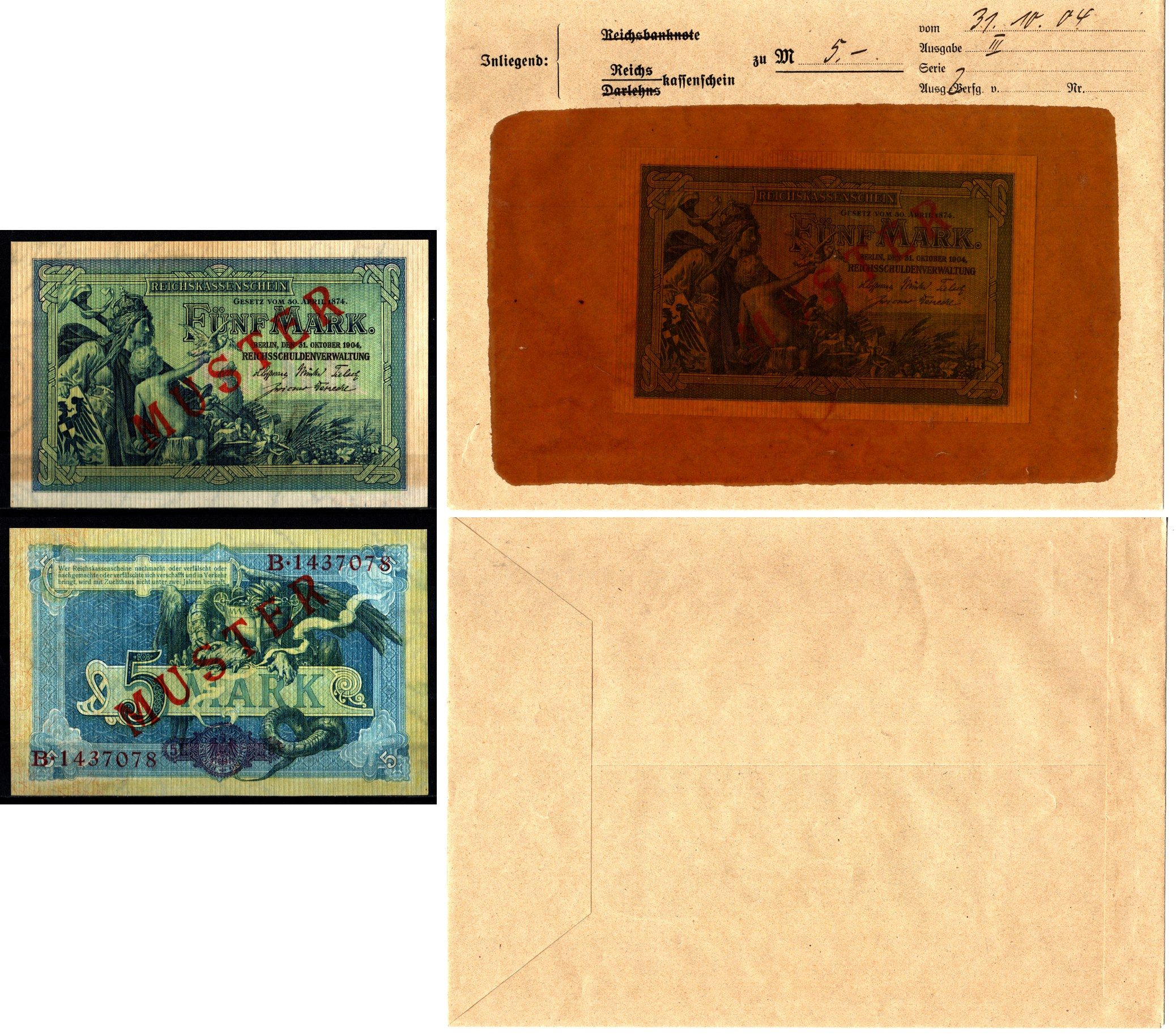 Германия 5 марок 1904 31 октября, MUSTER, образец, Specimen. В оригинальном банковском конверте. Из коллекции Отто Сейфферта (помощник Ялмара Шахта - министра экономики Германии и президента Рейхсбанка времен третьего рейха) Pick 8 s, Grabowski DEU 52 b б