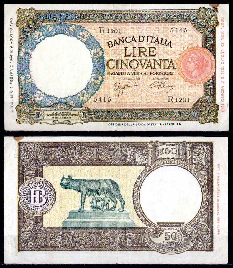 Италия 50 лир 1944 Волчица с Ромулом и Ремом Pick 66 бумага 8621-13-3-1