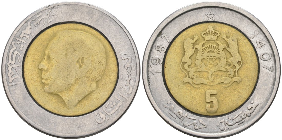Марокко 5 дирхамОВ 1987 АН1407, ХАСАН II KM 82 биметалл 4572-832