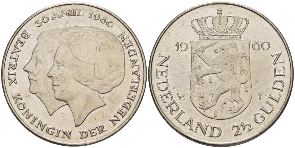 Нидерланды 2 1/2 гульдена 1980 коронация Беатрикс, 30 апреля 1980 KM 201 никель 38-115