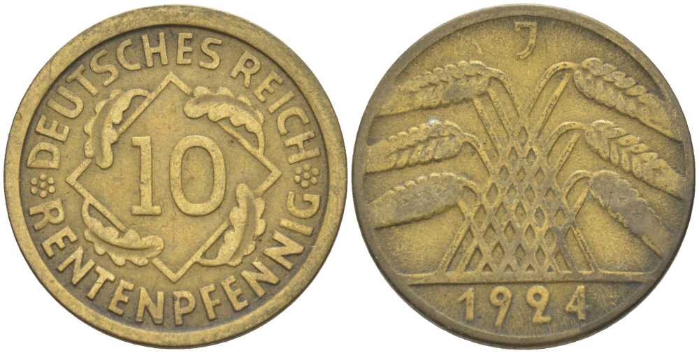 ГЕРМАНИЯ 10 РЕНTЕНПФЕННИГОВ 1924 J KM 33, J. 309, Weege 8 алюминиевая бронза 210-332