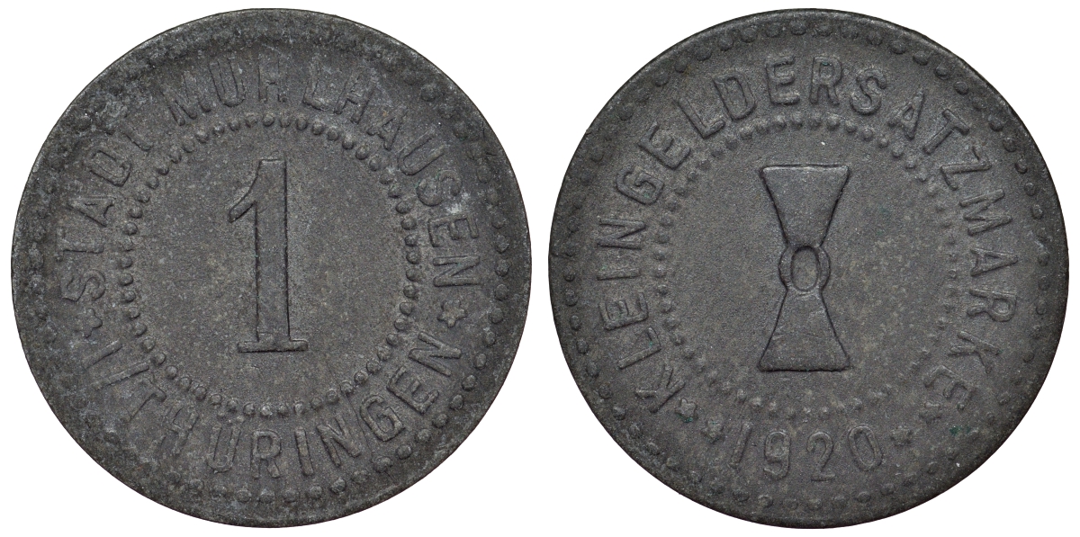 Мюльхаузен в Тюрингии 1 пфенниг 1920  Funck 342.13, Men18 21432.17 цинк     4118-1012