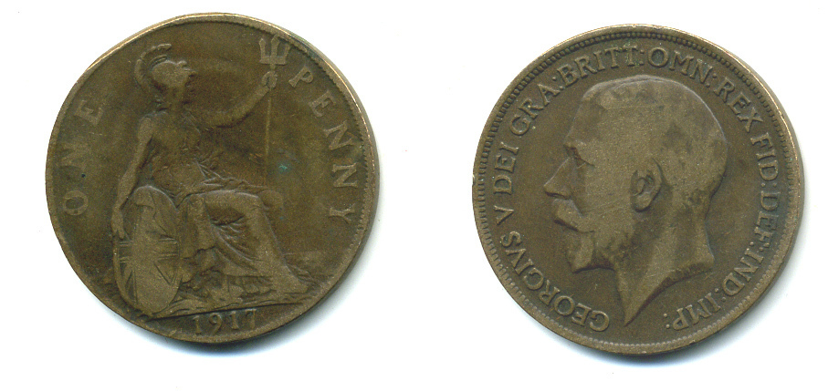 Великобритания 1 пенни 1917 Георг V (1910-1936) КМ 810, Spink 4051 бронза 4383-646