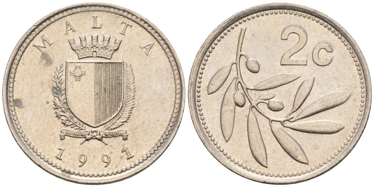 Мальта 2 цента 1991 оливковая ветвь KM 94 медно-никель 4585-1267