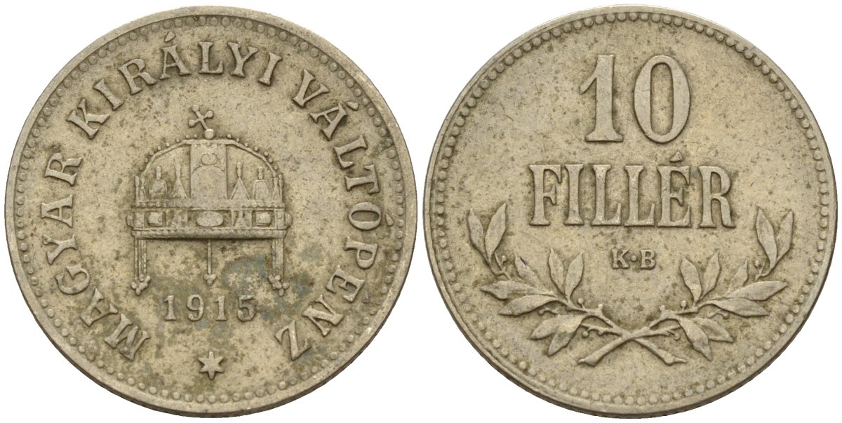 Венгрия 10 филлеров 1915 KB, Франц Иосиф I (1848-1916) KM 494 медь никель цинк 4151-1123