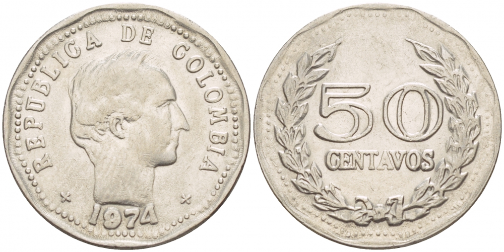 Колумбия 50 сентаво 1974 Симон Боливар KM 244.1 сталь плакированная никелем 4539-854
