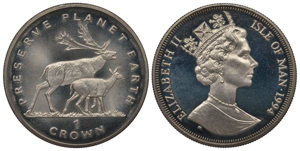 ОСТРОВ МЭН 1 КРОНА 1994 СОХРАНИМ ПЛАНЕТУ ЗЕМЛЯ, ОЛЕНИ KM 387 медно-никель UNC 1068-5-11