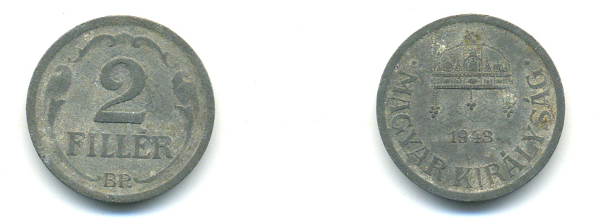 Венгрия 2 филлера 1943 ВР KM 519 цинк 83-1222