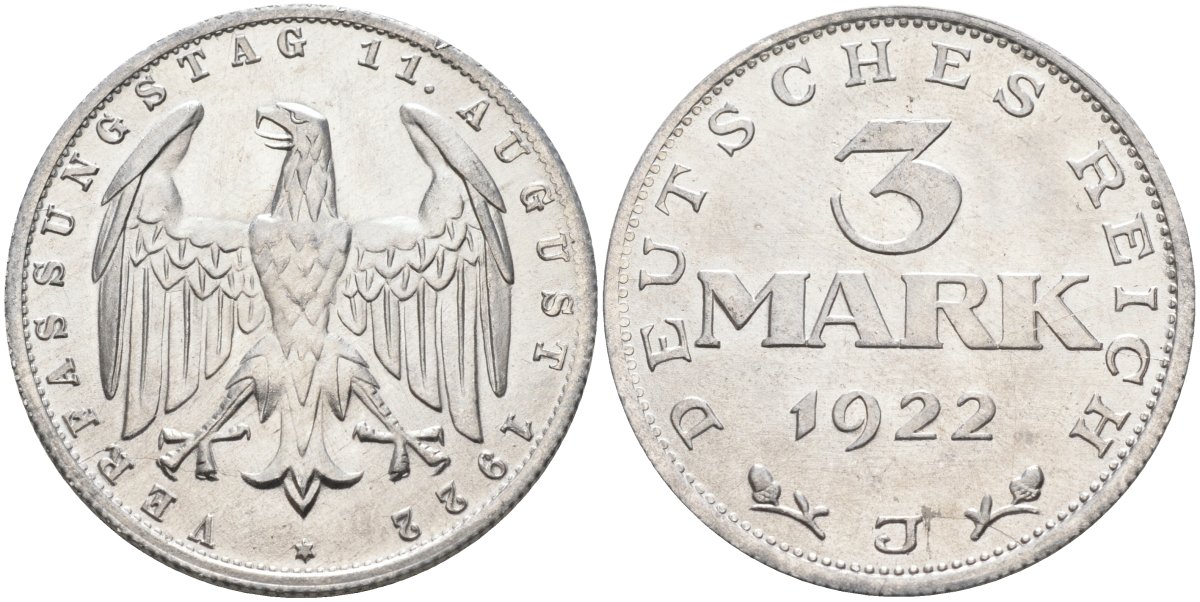 Германия 3 марки 1922 J, третья годовщина Веймарской Конституции KM 29, J.303 алюминий 4587-343