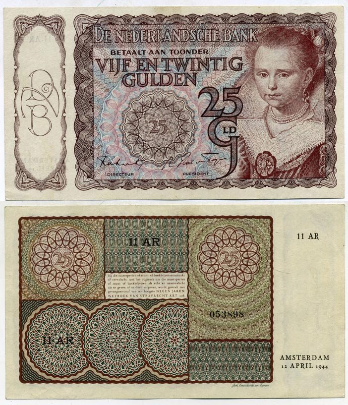 Нидерланды 25 гульденов 1944 принцесса, Амстердам, 12 апреля 1944 Pick 60 бумага aUNC 00-000-00