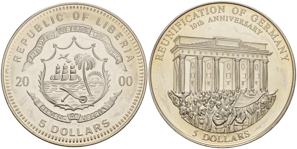 Либерия 5 долларов 2000 10 лет Объединению Германии UC 111 медно-никель UNC 4125-712