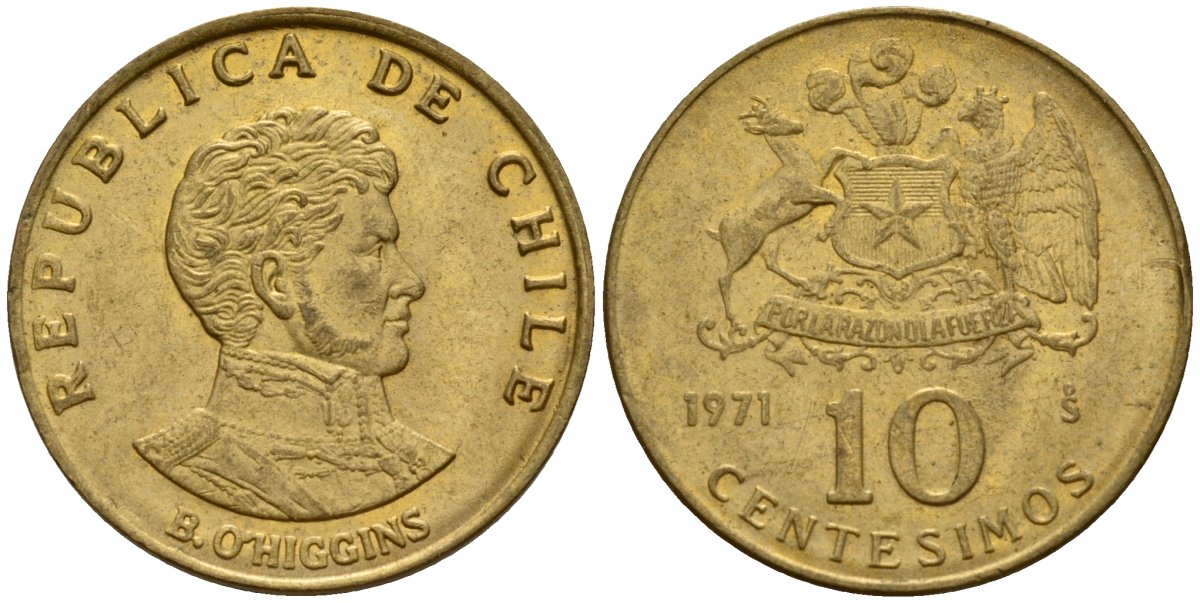 Чили 10 сентесимо 1971 KM 194 алюминиевая бронза 4158-723