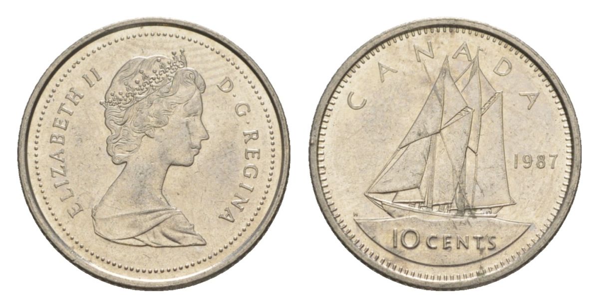 Канада 10 центов 1987 Елизавета II (1952-2022), парусник KM 77 никель 4630-837