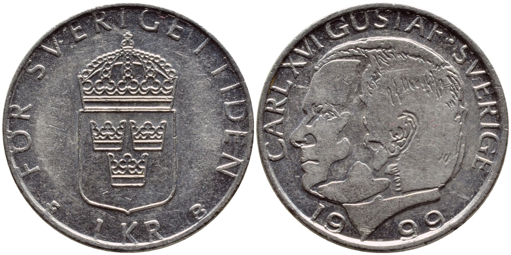 Швеция 1 крона 1999 Карл XVI Густав (1973- ) KM 852a медно-никель 89-1132