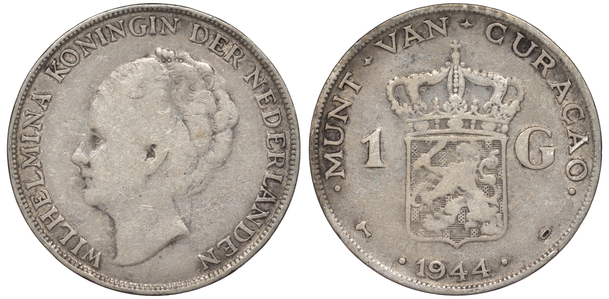 Нидерландское Кюрасао 1 гульден 1944 D, Вильгельмина (1890-1948) KM 45 серебро 36-557