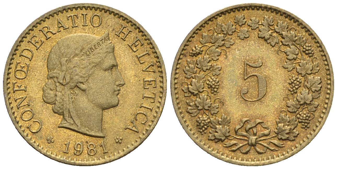 Швейцария 5 раппенов 1981 KM 26с алюминий латунь 4609-1016