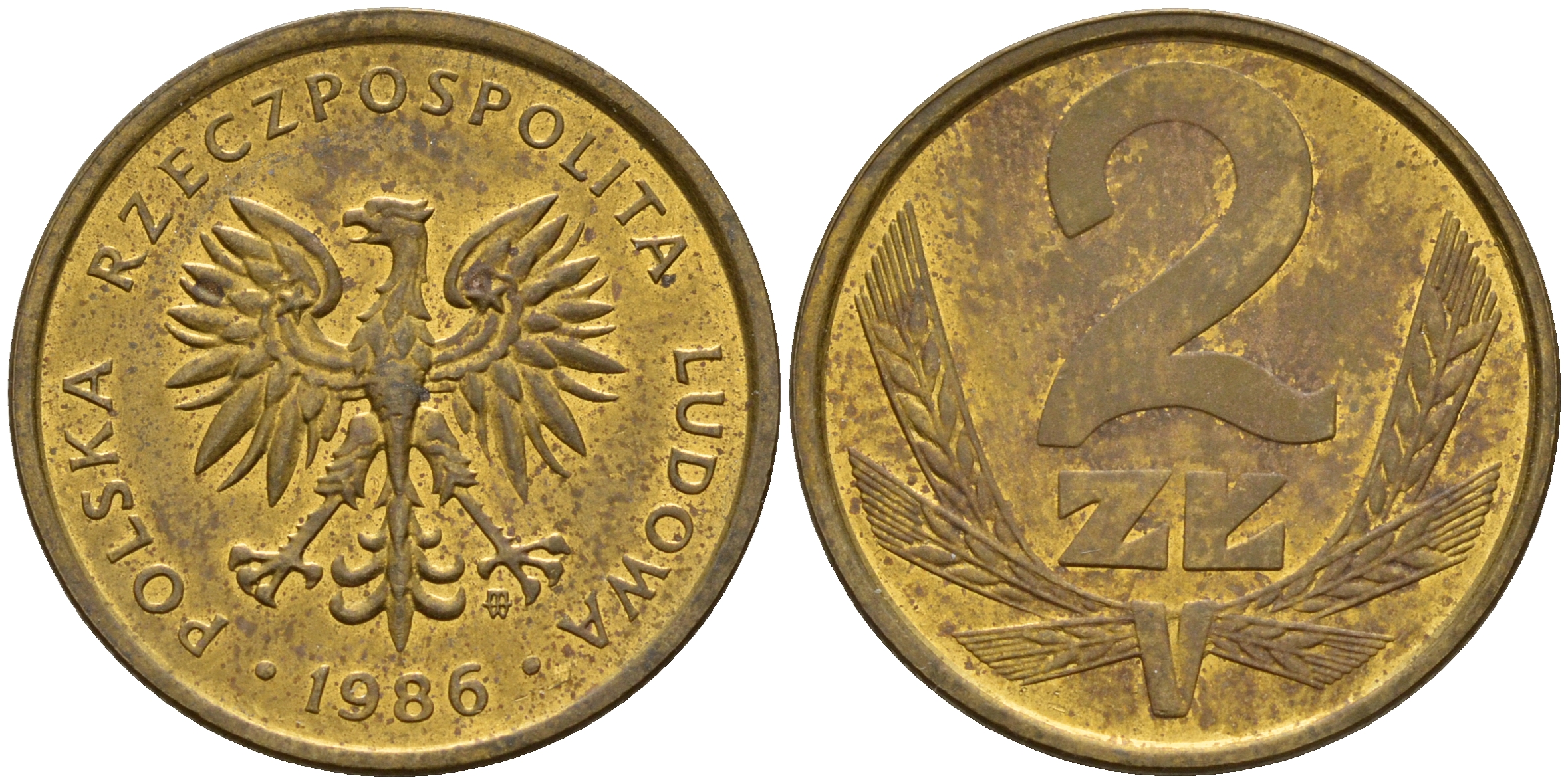 Польша 2 злотых 1986 MW KM 80.2 латунь    4598-1224