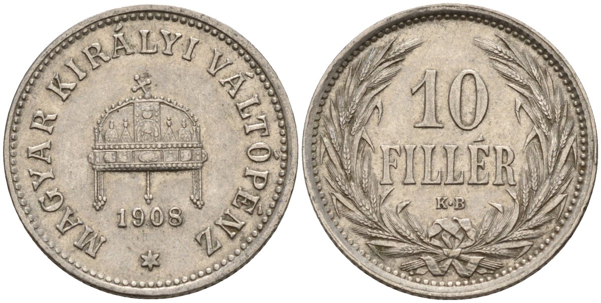 Венгрия 10 филлеров 1908 KB, Франц Иосиф I (1848-1916) KM 482 никель 4151-1114