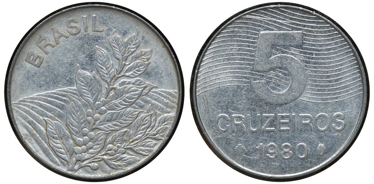 БРАЗИЛИЯ 5 КРУЗЕЙРО 1980 КОФЕ KM 591 сталь aUNC 72-813