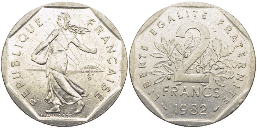 ФРАНЦИЯ 2 ФРАНКА 1982 СЕЯТЕЛЬ KM 942.1, LE FRANC 272.6 никель 111-1116